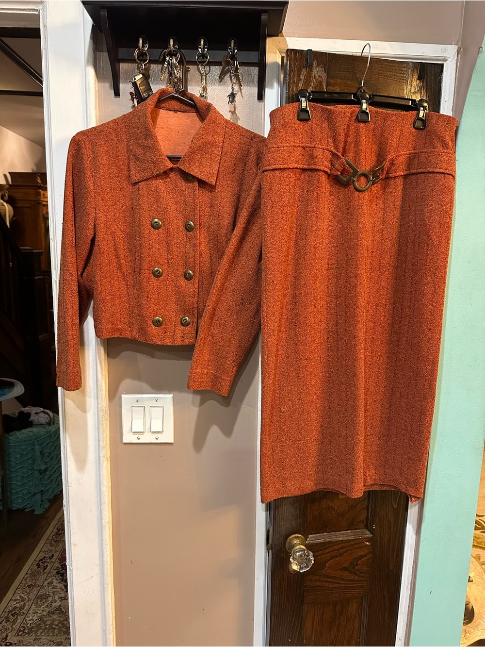 Vintage Women's Rust Orange Tweed Cropped Blazer & Pencil Skirt Set